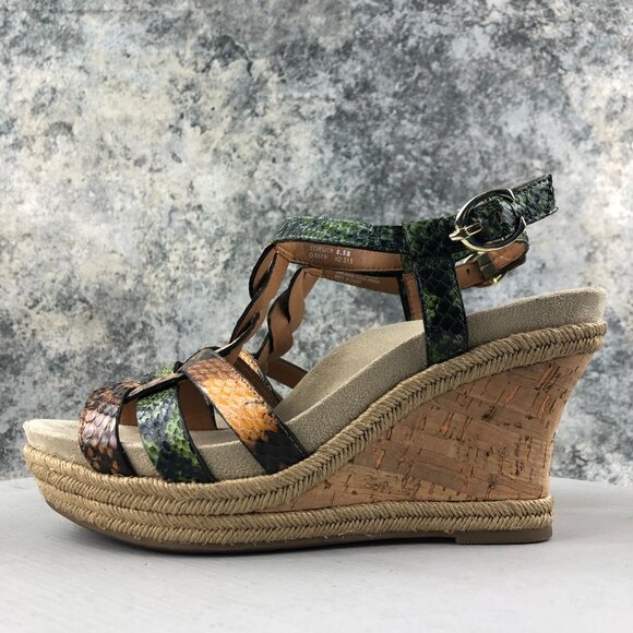 Earthies Women's Size 8.5B Corsica Green Leather Open Toe Espadrille Wedges - Picture 6 of 16